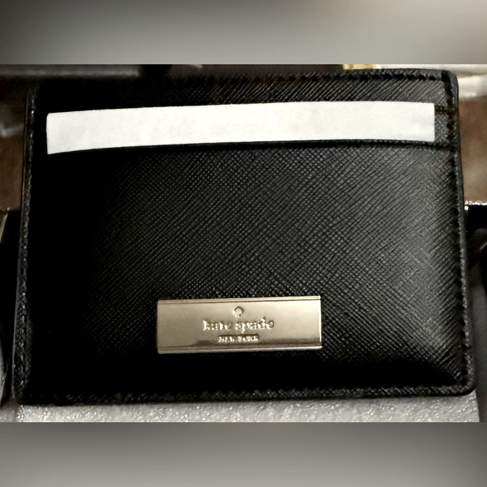 Kate Spade Kenzie cardholder black saffiano faux leather in gift box $99 new
